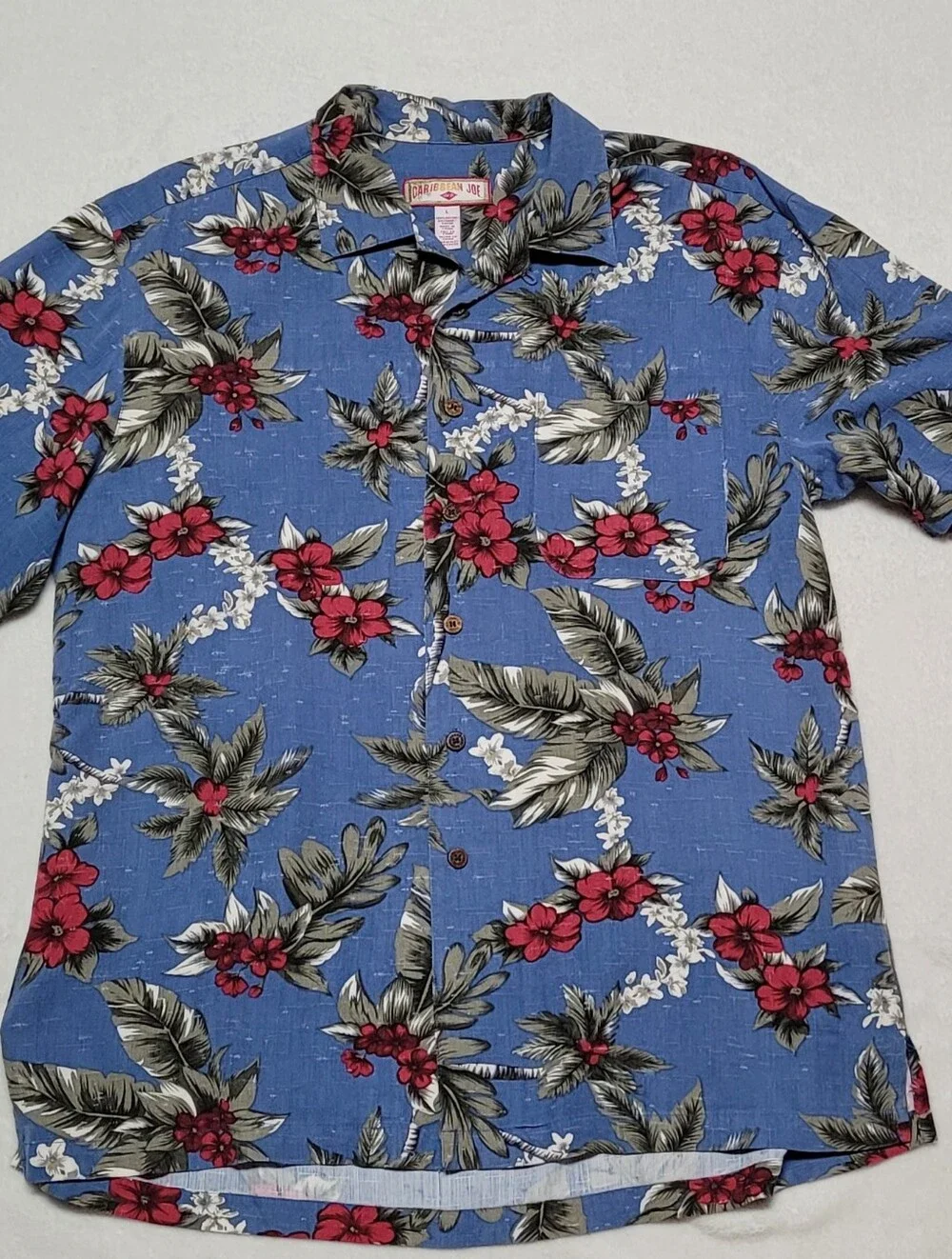 Bobby Cobb Vintage Caribbean Joe Blue Tropical Barkcloth Print Button Up Shirt